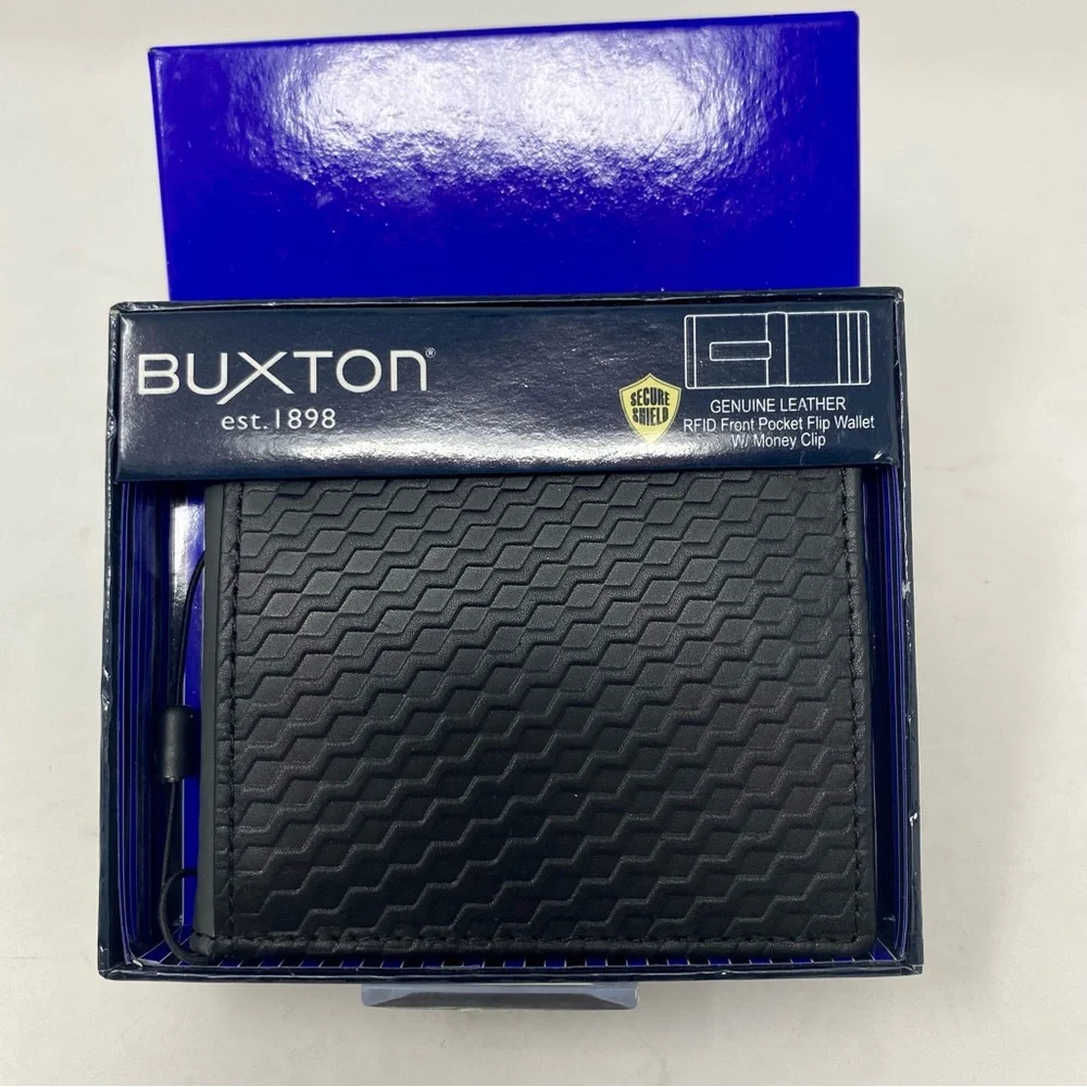 NIB Buxton Bellamy Black Leather Textured Design RFID Front Pocket Flip Wallet
